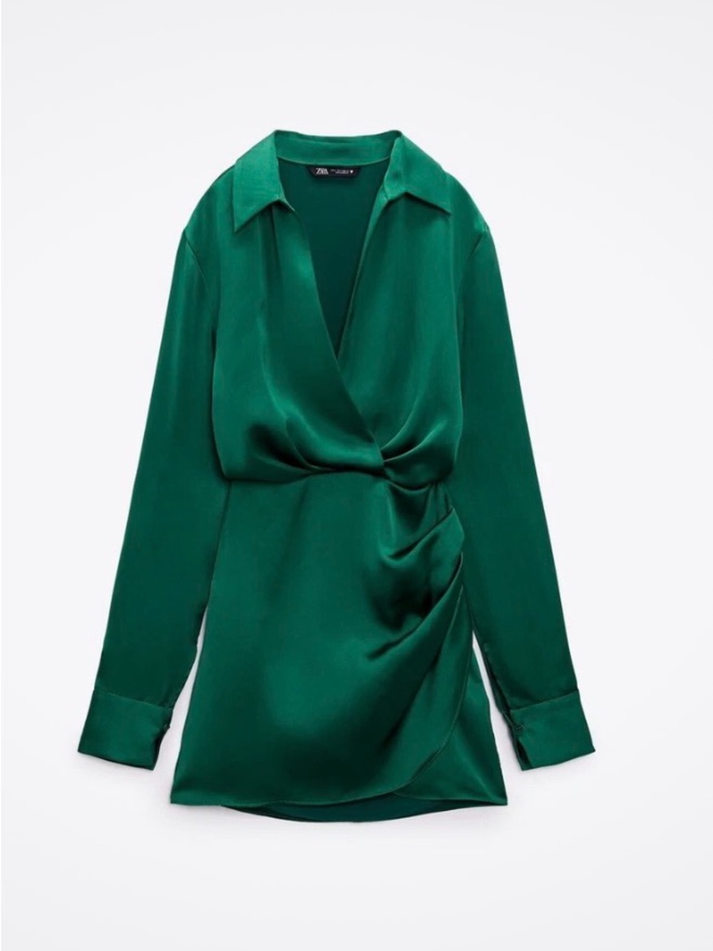 Zara Deep Green Satin Effects Wrap Draped Dress XS